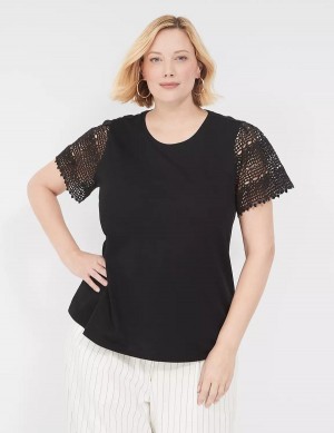 Black Lane Bryant Crochet-Sleeve Crew-Neck Tee Women T Shirts | ZCA9260MU