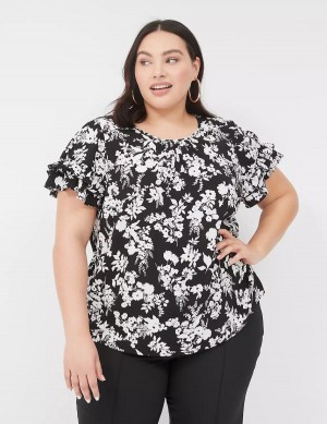 Black Lane Bryant Flutter-Sleeve Crew-Neck Top Women T Shirts | BBM6334IP