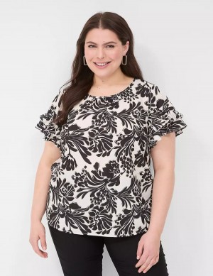 Black Lane Bryant Flutter-Sleeve Crew-Neck Top Women T Shirts | EIY2323RH