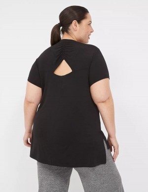 Black Lane Bryant LIVI V-Neck Ruched-Back Tee Women T Shirts | LMH187UW