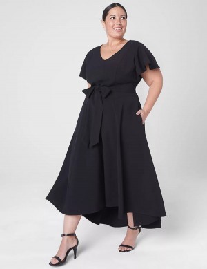 Black Lane Bryant Lena V-Neck High-Low Women Midi Dress | NTP9169FG