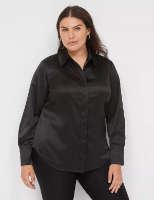 Black Lane Bryant Long-Sleeve Button-Down Satin Women Shirts | FPX3961OS