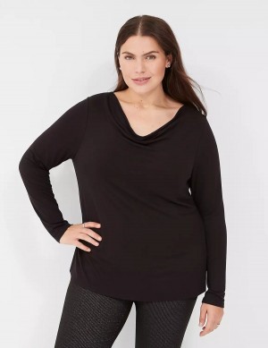 Black Lane Bryant Long-Sleeve Drape-Neck Top Women T Shirts | WAB118OH