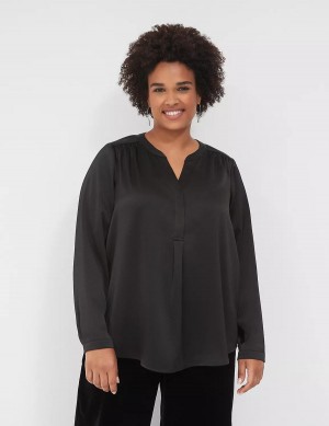 Black Lane Bryant Satin Banded-Neck Ruched-Shoulder Women Shirts | NAH4811QJ