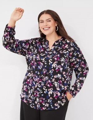 Black Multicolor Lane Bryant Satin Ruched-Shoulder Women Blouse | JWX88CI