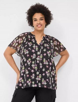 Black Multicolor Lane Bryant Swing Flutter-Sleeve Popover Women Blouse | GIO393UU