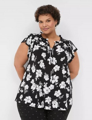 Black White Lane Bryant Cap Flutter-Sleeve Top Women T Shirts | BPM7950FO