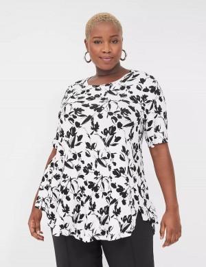 Black White Lane Bryant Max Swing Perfect Sleeve Crew-Neck Tee Women T Shirts | SHE498CR