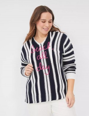 Black White Stripes Lane Bryant Embroidered Hooded Pullover Women Sweaters | JVY3578LX