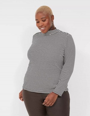 Black White Stripes Lane Bryant Fitted Long-Sleeve Turtleneck Top Women T Shirts | MSK6083PO