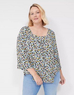 Blue Coral Lane Bryant Relaxed Square-Neck Trimmed Circle Drama Top Women Blouse | ELW7568GN