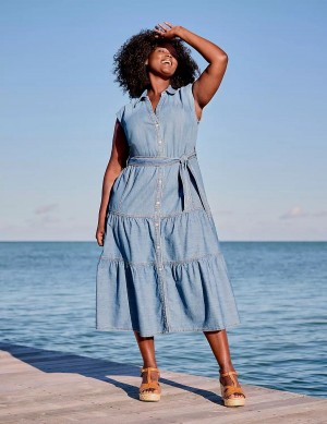 Blue Lane Bryant Denim Tiered Women Midi Dress | WXC2919WQ