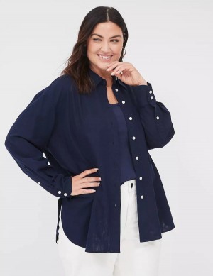 Blue Lane Bryant Relaxed Linen Button-Down Women Shirts | TKX346ED