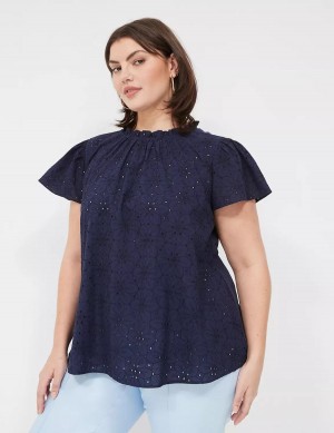 Blue Lane Bryant Subtle Swing Cap Ruffle-Sleeve Eyelet & Knit Top Women T Shirts | VDO6686ZY