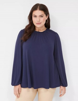 Blue Lane Bryant Swing Crew-Neck Smocked-Shoulder Top Women Blouse | IDZ7830MJ