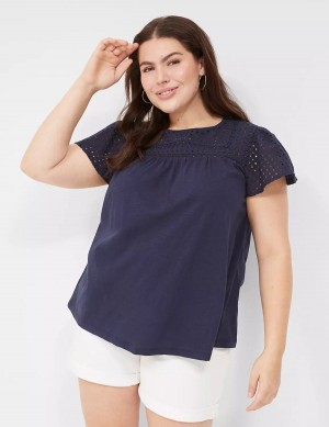 Blue Lane Bryant Swing Flutter Sleeve Eyelet & Knit Tee Women T Shirts | TYE9088AL