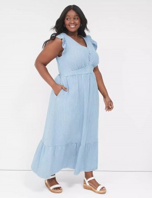 Blue Stripes Lane Bryant Flutter-Sleeve Button-Front Denim Women Maxi Dress | YAO2190NF