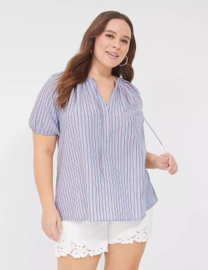 Blue Stripes Lane Bryant Swing Short-Sleeve Notch-Neck Women Blouse | YKS265LU