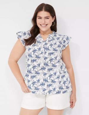 Blue White Lane Bryant Woven & Knit Cap Flutter-Sleeve Top Women Blouse | VDN1237PT