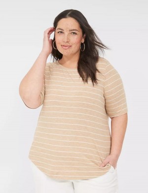 Brown Stripes Lane Bryant Lurex Perfect Sleeve Crew-Neck Tee Women T Shirts | ASN7293GX