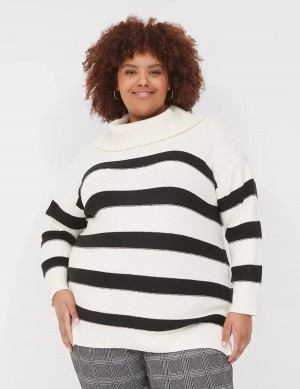 Cream Black Lane Bryant Cowlneck Stripe Tunic Women Sweaters | ODB3716WU