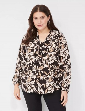 Cream Brown Black Lane Bryant Tie-Neck Popover Women Blouse | MLJ8372UB