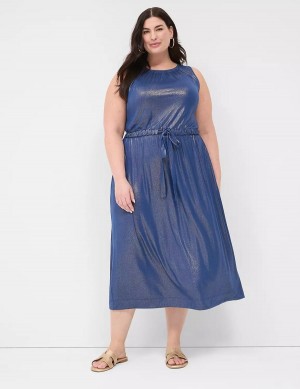 Dark Blue Lane Bryant Foil Shimmer Tie-Waist Women Midi Dress | JAA8654XE