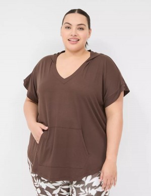 Dark Brown Lane Bryant LIVI Knot-Sleeve Recycled LIVI Soft Hooded Tunic Women T Shirts | FKT1620ZW