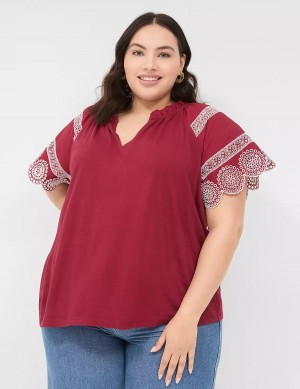 Deep Red Lane Bryant Eyelet Short-Sleeve Knit Top Women T Shirts | QWE7519BT