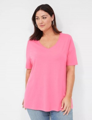 Fuchsia Lane Bryant Perfect Sleeve V-Neck Tee Women T Shirts | KDU448XK