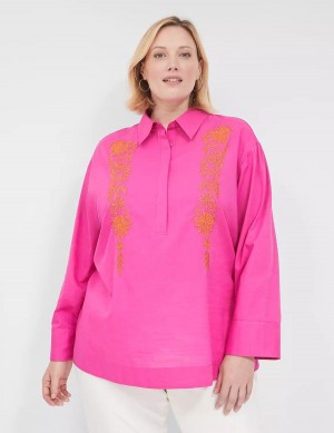 Fuchsia Lane Bryant Relaxed Collared Embroidered Tunic Women Shirts | MFU7533UQ