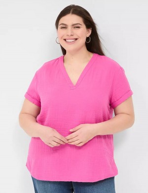 Fuchsia Lane Bryant Relaxed Gauze V-Neck Popover Women Shirts | GTS3052OG