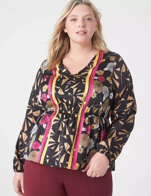 Gold Multicolor Lane Bryant Classic Long-Sleeve V-Neck Peplum Women Blouse | VCI5457MJ