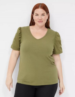 Green Lane Bryant Woven Puff-Sleeve V-Neck Knit Tee Women T Shirts | JXK9075YQ