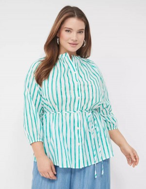 Green Stripes Lane Bryant Relaxed 3/4-Sleeve Button-Front Tunic Women Shirts | BCH8150ZO