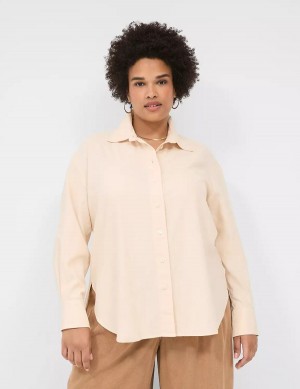 Grey Brown Lane Bryant Relaxed Linen Button-Down Women Shirts | WYZ5710DZ