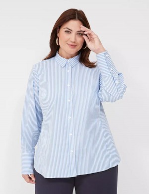 Light Blue Stripes Lane Bryant Button-Down Stripe Girlfriend Women Shirts | NER4442KS