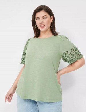 Light Green Lane Bryant Eyelet-Sleeve Crew-Neck Knit Tee Women Tank Top | HFB2327UF