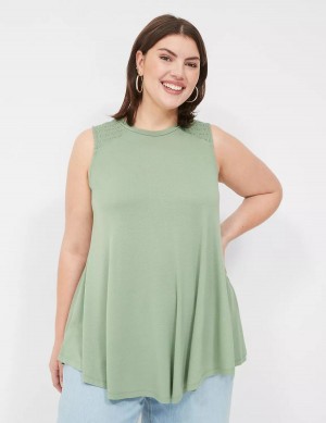 Light Green Lane Bryant Max Swing High-Neck Smocked-Shoulder Tunic Women T Shirts | VLQ4029BC