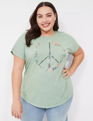 Light Green Lane Bryant Scoop-Neck Peace Flowers Graphic Tee Women T Shirts | GGF6114TC