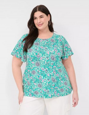 Light Turquoise Lane Bryant Flutter-Sleeve Smocked Top Women T Shirts | VZW2481WD