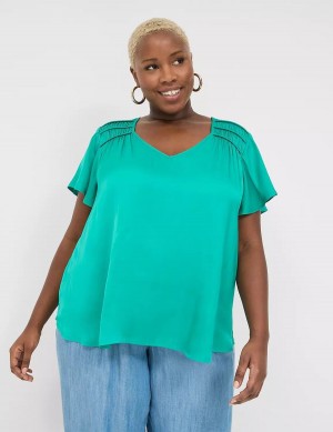 Light Turquoise Lane Bryant Satin Smocked-Shoulder Women Blouse | EBJ3881NJ