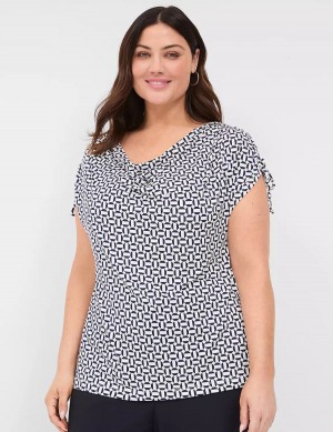 Navy Lane Bryant Drawcord Cap-Sleeve Drape-Neck Top Women T Shirts | FEX833YP