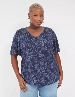 Navy Lane Bryant Flutter-Sleeve V-Neck Top Women T Shirts | EAQ4149NE