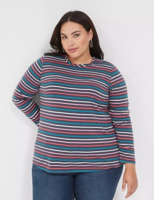 Navy Multicolor Stripes Lane Bryant Long-Sleeve Crew-Neck Tee Women T Shirts | ZCL9332GM