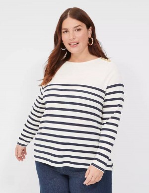 Navy Stripes Lane Bryant Long-Sleeve Boatneck Top Women T Shirts | GPP691JU