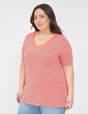 Orange Stripes Lane Bryant Perfect Sleeve V-Neck Tee Women T Shirts | SEP5658IG