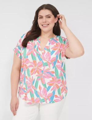 Pink Blue Lane Bryant Relaxed Gauze Notch-Neck Women Shirts | NTT9737DK