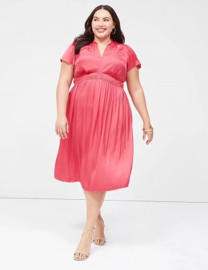 Pink Lane Bryant Satin Flutter-Sleeve Ruffle V-Neck Women Midi Dress | OPW8790NQ