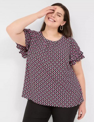 Pink Navy Lane Bryant Flutter-Sleeve Crew-Neck Top Women T Shirts | DEC1260DP